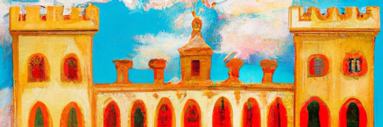 Painterly illustration of a sunlit castle facade with red arched windows under a bright blue sky